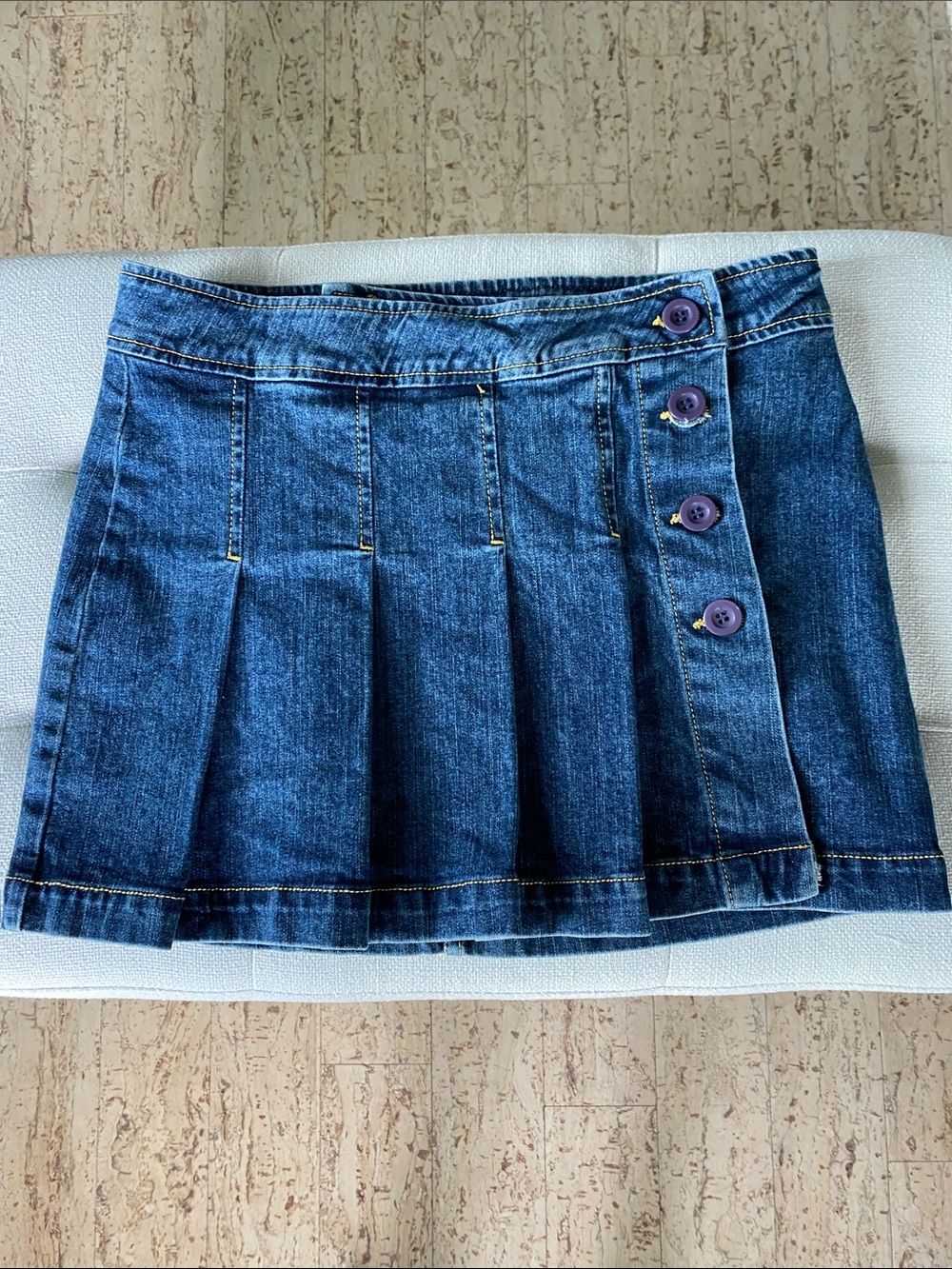 Denim Pleated Mini Skirt with Side Button Detail - Blue